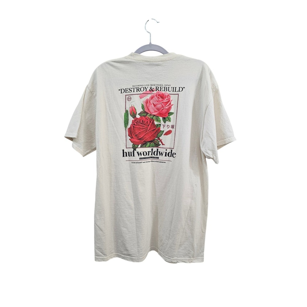 HUF Worldwide T Shirt Mens Large Cream Rose Destroy Rebuild Graphic Tee Top EUC‎